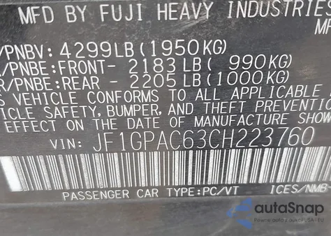 2012 Subaru Impreza 2.0I Premium из США, поврежденный, VIN JF1GPAC63CH223760